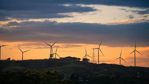 Windmill turbine farm for electrical generator Stock Footage 124144449