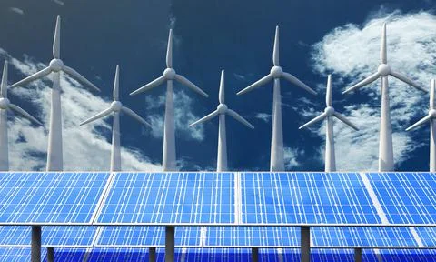 Windmill turbine panel solar cell energy power electricity renewable environment Stock Illustration