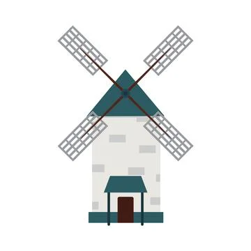 Windmill vector flat illustration, retro rural mill building, stone tower with Stock Illustration