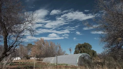 Windmill, Vegetable garden and greenhouse with beautiful skies Stock Footage 135507341