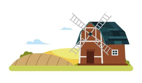 Windmill in wheat field vector illustration, retro rural mill building, wooden Ilustración de archivo