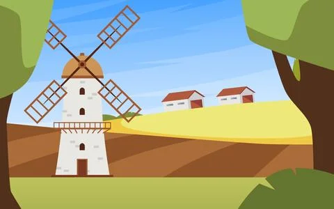Windmill in wheat field vector illustration, retro rural mill building, stone Ilustración de archivo