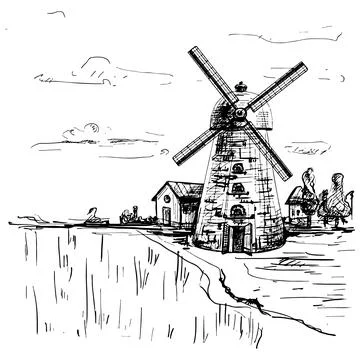 Windmill on wheat field. Vintage vector hatching illustration Stock Illustration