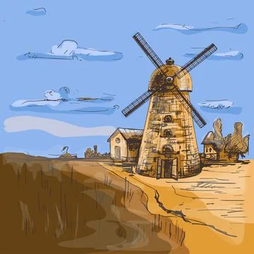 Windmill on wheat field. Vintage vector hatching illustration Stock Illustration