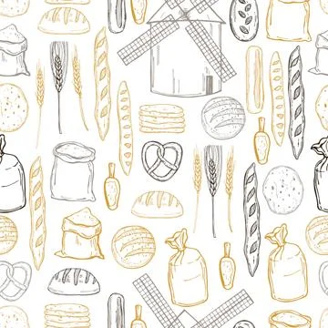Windmill,  wheat flour and bread. Vector pattern Stock Illustration