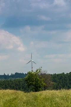 Windmill for wind power and fields of green grain and forest 库存照片