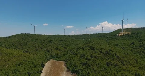 Windmill / Wind power technology - Aerial drone view on Wind Power, Turbine Stock Footage 91976224