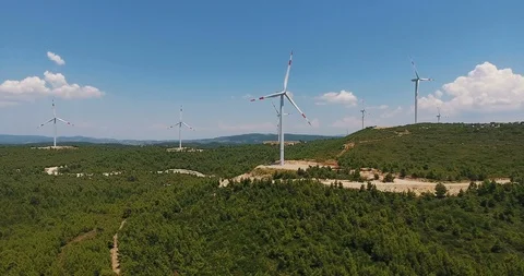 Windmill / Wind power technology - Aerial drone view on Wind Power, Turbine Stock Footage 91976598