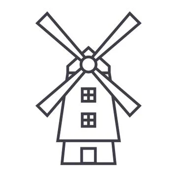Windmill,holland vector line icon, sign, illustration on white background, ed Stock Illustration