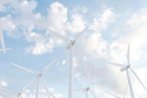 Windmills against cloudy blue sky. 3D render イラスト素材