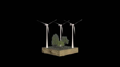 Windmills And Trees On Land Section, Environmental Concept, Black Background Video stock 153510656