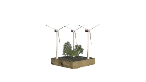 Windmills And Trees On Land Section, Environmental Concept, White Background Stock Footage 165202718