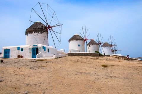The Windmills on the Beautiful Island of Mykonos in the Cyclades Islands Greece Stock Photos