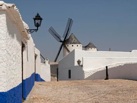 Windmills in Campo de Criptana view from street Stock Photos