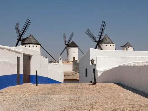 Windmills in Campo de Criptana view from street Stock Photos
