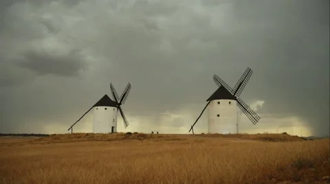 Windmills of Castilla la Mancha, Spain. Windmills at Consuegra at storm Stock Footage 65936713