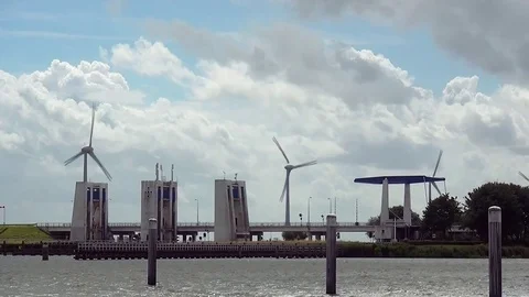 Windmills on the dike of Enkhuizen Stock Footage 83920437