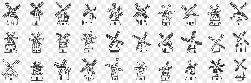Windmills during work doodle set Illustrazione stock