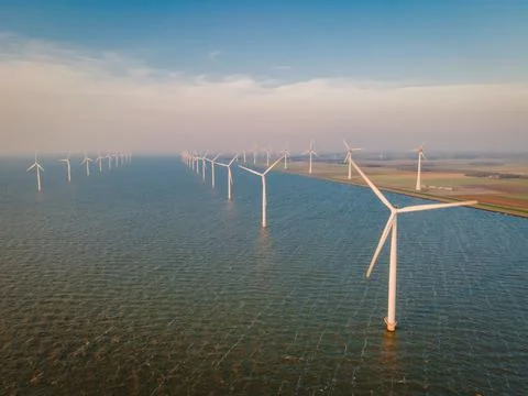 Windmills for electric power production Netherlands Flevoland, Wind turbines Stock Photos