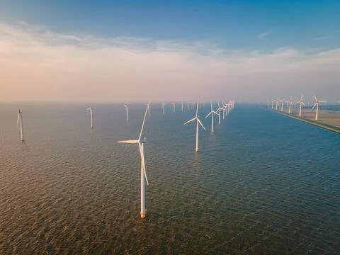 Windmills for electric power production Netherlands Flevoland, Wind turbines Stock Photos