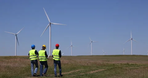 Windmills Engineer Teamwork Worker Men Talking Wind Turbine Industry Development Stock Footage 67874522