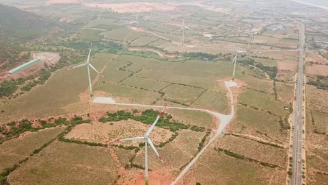 Windmills farm generating electricity, drone point view. Stock Footage 298503539