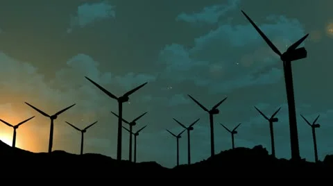 Windmills on field BLUE Stock Footage
