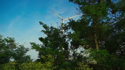 Windmills in the field, view through the trees. Wind energy technology - turbine Vidéo 133607097