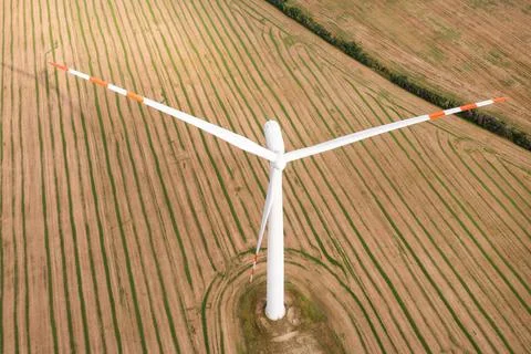Windmills generate electricity in the fields. Alternative sources of energy,  Stock Photos