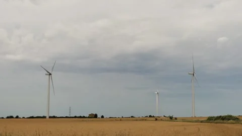 Windmills generating electrical energy in a field. Renewable energy Stock Footage 260656517