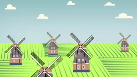Windmills In Green Field flat design. Wind mills used to pump Water, grind .. Stock Footage 305569878