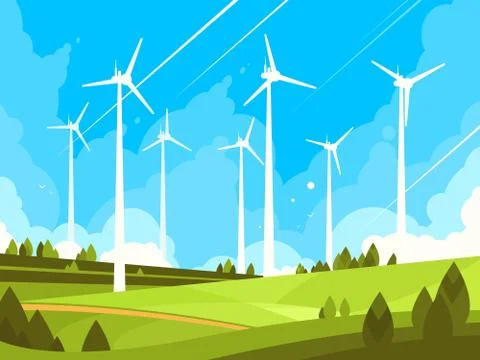 Windmills on green fields Stock Illustration