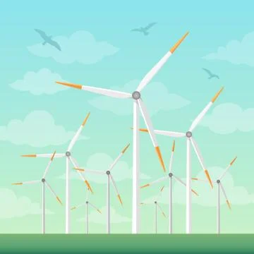 Windmills on green fields vector illustration Stock Illustration