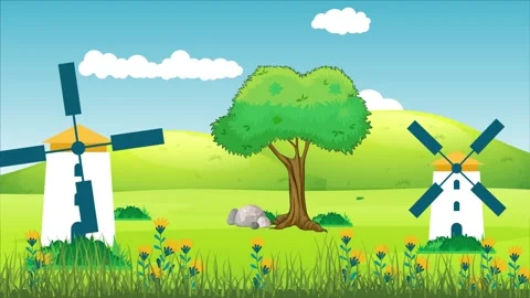 Windmills In The Green Plain In A Windy Day Video stock 159983479