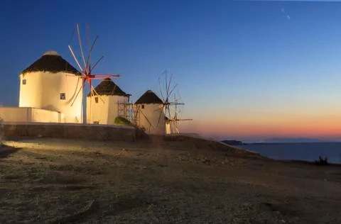 Windmills of kato mili in old town of Mykonos, Greece at night Stock Photos