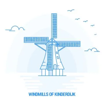 WINDMILLS OF KINDERDIJK Blue Landmark. Creative background and Poster Templat Stock Illustration