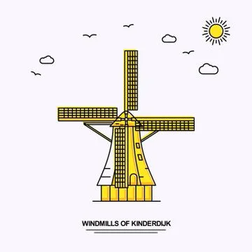 WINDMILLS OF KINDERDIJK Monument Poster Template. World Travel Yellow illustr Stock Illustration