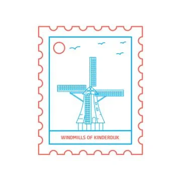 WINDMILLS OF KINDERDIJK postage stamp Blue and red Line Style, vector illustr Stock Illustration