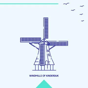 WINDMILLS OF KINDERDIJK skyline vector illustration Stock Illustration