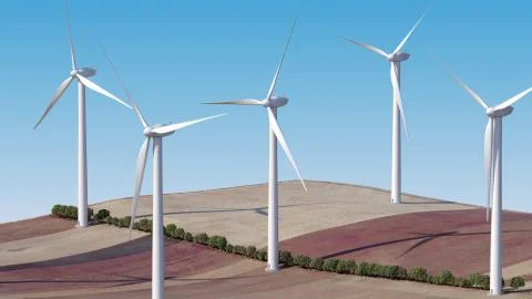 Windmills in the middle of a field. 3D rendering. 3D illustration Stock Illustration