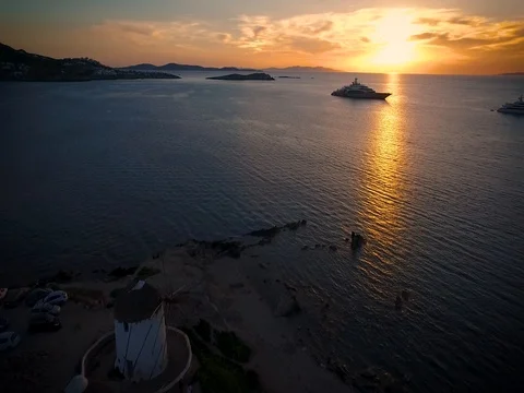 Windmills of Mykonos in the sunset Stock Footage 75914656