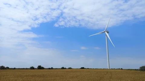 Windmills on one of the wheat fields of Ukraine. Energy saving concept Stock Footage 112164004