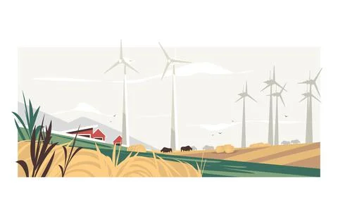 Windmills placed in countryside fields on farm Stock Illustration
