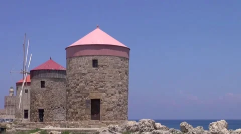 Windmills in Rhodes Town Stock Footage 42735700