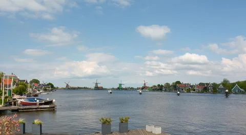 Windmills on river zaan Stock Photos