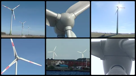 Windmills rotating in wind. Renewable energy. Clips collage Stock Footage 57255517