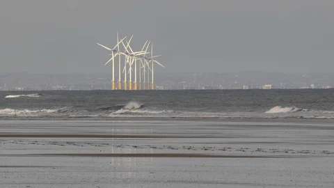 Windmills in the sea Stock Footage 99144603