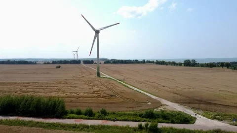 Windmills stand in a row in the middle of a wheat field Stock Footage 180043546