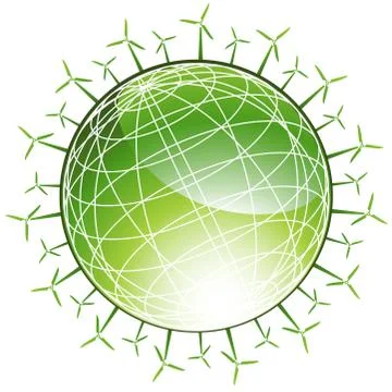 Windmills surrounding green globe Stock Illustration