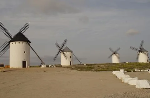 Windmills type "tower" Campo de Criptana (Ciudad Real) Stock Photos